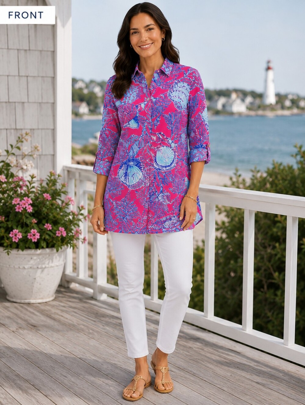 Talbots XS Coastal Seashell Print Tunic Shirt Roll Tab Sleeves Button Front